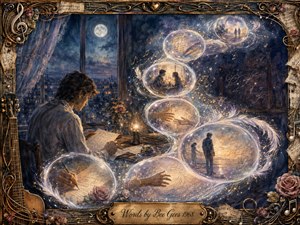 A solitary writer sits beside a moonlit window, surrounded by glowing memory bubbles that sweep upward in a graceful S-curve. Deep blues, lavender, rose, and warm gold create a wistful, romantic mood. Watercolor textures, handwritten pages, musical notes, roses, and an ornate antique frame evoke love, memory, and reflection.