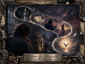 A shadowed man contemplates an urgent final message as glowing feather-like memories sweep through a dramatic S-curve of prison corridors, handwritten letters, distant love, rainy streets, and a radiant dove. Deep blues, charcoal, violet, crimson, and warm gold create a melancholy yet hopeful mood, framed by richly detailed vintage musical memorabilia.