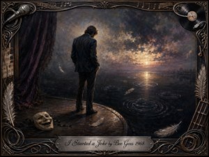 A solitary man stands on a worn stage above dark, reflective water, contemplating a distant golden horizon. A discarded comedy mask, drifting feathers, and widening ripples suggest regret and emotional isolation. Moody blues, smoky purples, and warm amber light enrich the oil-painted scene, framed with ornate musical motifs and engraved metalwork.