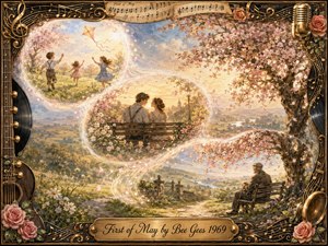 A nostalgic watercolor scene traces life through glowing, feather-edged memories: children flying a kite, young lovers sharing a bench, and an elderly man reflecting beneath spring blossoms. Warm gold, soft pink, green, and blue create a tender mood, framed by ornate musical motifs, roses, sheet music, and vintage brass details.