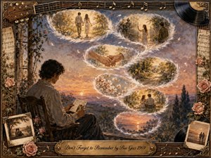 A solitary man reads an old letter at sunset while luminous feather-edged memories spiral across the sky in a graceful S-curve. Warm gold, rose, lavender, and blue tones create a tender, nostalgic mood. Watercolor-style scenes of love and farewell are framed by roses, sheet music, guitar strings, vinyl records, and an engraved title plate.