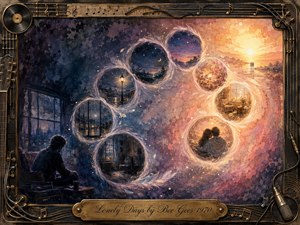 A solitary figure sits beside a rain-streaked window as feathered, glowing bubbles sweep upward in an S-curve, revealing memories of empty rooms, moonlit streets, blossoms, companionship, and sunrise. Deep indigo and violet gradually warm into peach and gold, while watercolor textures and a vintage musical frame create a wistful, hopeful atmosphere.