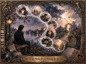 A solitary man sits beside a twilight lake as luminous feather-edged memory bubbles curve through the scene in an elegant S-shape, revealing love, music, letters, and fading moments. Muted blues, sepia, rose, and warm gold create a wistful watercolor atmosphere, framed by ornate bronze, guitar strings, piano keys, and musical details.