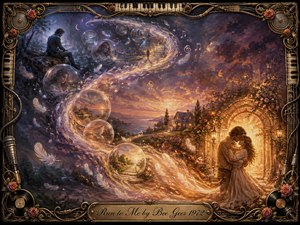 A romantic oil painting follows a luminous S-curve of feathered memory bubbles from cool violet solitude toward a golden reunion. A contemplative man, distant landscapes, music notes, roses, and glowing pathways lead to an embracing couple beneath a radiant arch. An ornate musical frame and engraved title plate complete the nostalgic scene.