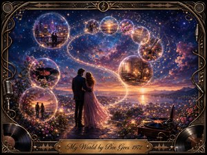 A romantic couple overlooks a glowing twilight city and lake beneath a star-filled violet-blue sky. Translucent memory bubbles sweep through the scene in a graceful S-curve, revealing flowers, music, home, sunsets, and shared moments. Warm amber lighting, lush blossoms, vinyl records, musical details, and an ornate bronze frame create a dreamy, nostalgic digital painting.