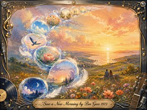 A radiant sunrise spreads across rolling hills and a shimmering coastline, where two figures quietly watch the new day unfold. Translucent feathered bubbles sweep upward in an S-curve, holding symbolic scenes of night, flowers, birds, and dawn. Warm gold, coral, blue, and lavender tones create a hopeful, dreamlike mixed-media atmosphere.