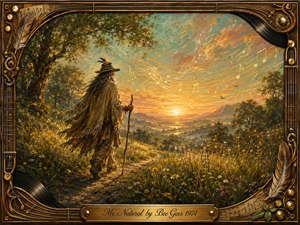 A solitary wanderer follows a winding meadow path toward a radiant sunrise, surrounded by wildflowers, ancient trees, and rolling golden hills. Warm amber, teal, and rose light creates a peaceful, mystical mood, while flowing musical notes animate the sky. Rich oil-paint textures and an ornate guitar-and-vinyl frame complete the nostalgic composition.