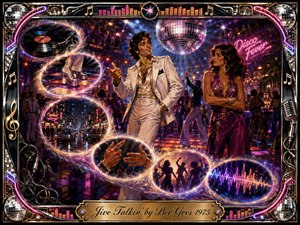 A vibrant 1970s disco scene centers on a smooth-talking man in a white suit facing a guarded woman beneath a glittering mirror ball. Glowing S-curved vignettes show vinyl, platform shoes, city nightlife, gesturing hands, dancers, and sound waves. Neon magenta, gold, blue, and chrome details create an energetic digital-painted atmosphere.