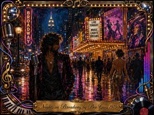 A brooding singer stands beneath glowing Broadway lights on a rain-slicked city street, surrounded by elegant crowds, theater marquees, and shimmering reflections. Deep blues, magentas, golds, and amber light create a romantic, nocturnal mood. Painterly textures, vintage microphones, piano keys, neon accents, and an ornate musical frame evoke 1970s nightlife.