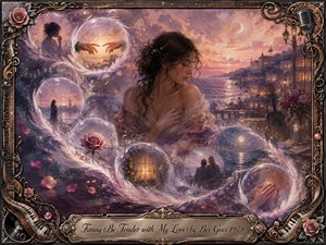 A contemplative woman rests against a glowing seaside twilight, surrounded by translucent feathered bubbles flowing in an elegant S-curve. Romantic vignettes of reaching hands, roses, moonlit water, and companionship suggest tenderness and longing. Rose, lavender, blue, and gold tones glow softly within an ornate, music-inspired frame.