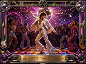 A radiant 1970s disco dancer in a white bell-bottom suit commands a glowing multicolored dance floor beneath a sparkling mirror ball. Energetic clubgoers surround him amid magenta, purple, gold, and blue lights. The glossy digital-painting style is framed with chrome, guitars, speakers, neon details, and an engraved title plate.