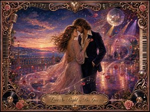 A tender couple embraces on a luminous seaside dance terrace at twilight, surrounded by drifting rose petals, swirling musical notes, and disco-ball reflections. Rich indigo, mauve, amber, and rose-gold tones create a romantic, bittersweet mood. The ornate music-themed frame features roses, records, piano keys, filigree, and an engraved title plate.