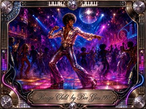 A charismatic disco dancer commands a glowing nightclub floor beneath a sparkling mirror ball, surrounded by energetic silhouettes and swirling stage fog. Electric blues, magentas, purples, and golds pulse through dramatic spotlights and reflective surfaces. The richly detailed digital painting is framed with chrome, vinyl, piano keys, cables, and a polished engraved title plate.
