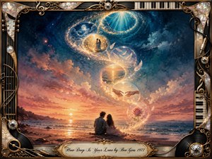 A tender couple sits beside a glowing sunset sea as luminous feather-filled bubbles spiral upward in an elegant S-curve, revealing symbols of affection, memory, and devotion. Warm rose, gold, and peach tones deepen into sapphire blue beneath celestial light. Ornate musical filigree, piano keys, vinyl records, and pearl accents frame the romantic watercolor scene.