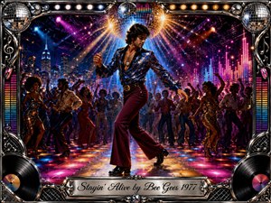 A confident disco dancer commands a glowing nightclub floor beneath a radiant mirror ball, surrounded by lively crowds, neon equalizer lights, and a sparkling city skyline. Rich blues, magentas, golds, and burgundy create an energetic 1970s mood, framed by chrome, vinyl records, musical motifs, and an engraved title plate.