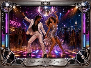 A glamorous couple dances beneath a radiant mirror ball in a lively 1970s disco, surrounded by neon lights, smoky reflections, and a sparkling city skyline. Saturated magenta, blue, silver, and amber tones create an energetic, romantic mood, framed by ornate chrome, vinyl records, equalizer bars, and musical details.