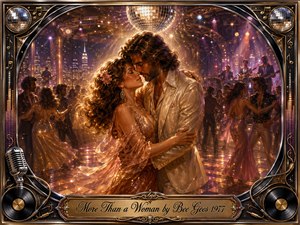 A romantic couple dances closely beneath a glittering disco ball in a glamorous 1970s nightclub, surrounded by softly blurred dancers, musicians, and city lights. Warm gold, rose, violet, and amber tones create a tender, nostalgic glow. Painterly detail, sparkling reflections, vinyl records, microphones, and ornate musical framing enhance the scene.