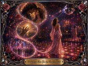 A solitary woman in a shimmering pink gown stands on a glowing 1970s disco floor, surrounded by mirrored reflections, golden sparkles, and violet-magenta light. Dreamlike bubbles curve in an S-shape, revealing romance, longing, and distant dancers. Ornate records, roses, cables, and musical motifs frame the richly detailed digital painting.