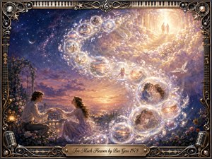 A romantic couple reaches toward each other on a flowered twilight terrace as luminous feather-filled bubbles sweep upward in an S-curve toward a radiant celestial gateway. Soft lavender, blue, blush, and gold tones glow beneath heavenly light. Ornate musical framing, piano keys, microphones, stars, and an engraved title plate complete the dreamlike oil-painting style.