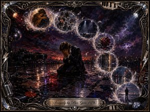 A solitary man kneels in despair on a rain-slicked dance floor beneath a stormy city sky, surrounded by glowing feather-edged memory bubbles flowing in an S-curve. Deep indigo, crimson, violet, and silver tones heighten the tragic mood, while dramatic oil-paint textures, lightning, shattered reflections, musical motifs, and an ornate frame enrich the scene.