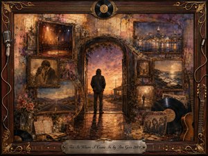 A solitary figure stands beneath a glowing twilight archway, surrounded by faded memories in ornate rosewood frames: a stage, lovers, open roads, city lights, and shoreline scenes. Warm amber, sepia, violet, and smoky blue tones blend through painterly textures, while records, guitars, roses, and musical details enrich the nostalgic, reflective composition.