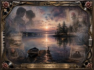 A tranquil sunset lake reflects warm gold, lavender, and smoky blue beneath a glowing sky, while a small boat rests beside a weathered dock. Faded romantic memories emerge softly around the shoreline. Painterly textures create a nostalgic, tender mood, framed by ornate gold details, roses, records, strings, piano keys, and a vintage microphone.