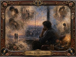 A solitary man sits beside a rain-streaked window at dusk, surrounded by softly fading memories of love. Warm amber lamplight contrasts with cool blues, grays, and dusty rose tones. Painterly oil and watercolor textures create a nostalgic dreamscape, framed by ornate rosewood, gold filigree, roses, records, guitar strings, and musical details.