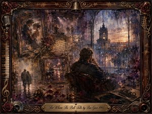 A solitary man sits beside a rain-streaked window overlooking a distant bell tower at dusk, surrounded by fading romantic memories, roses, photographs, vinyl, and a whiskey glass. Deep browns, muted blues, and warm amber light create a melancholy, reflective mood. Painterly textures and ornate musical framing evoke love, loss, and remembrance.