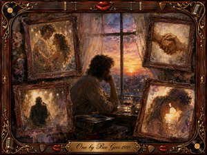 A solitary man sits beside a sunset window, surrounded by ornate rosewood frames holding faded romantic memories of dancing, clasped hands, performance, and intimacy. Warm amber, sepia, mauve, and dusty rose tones glow through painterly oil, acrylic, and watercolor textures. Musical ornaments, red lips, gold inlay, vinyl records, and microphones enrich the nostalgic frame.