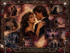 A passionate couple embraces at the heart of a richly layered nostalgic collage, surrounded by framed memories of romance, dancing, solitude, and nightlife. Warm burgundy, amber, gold, and midnight tones glow beneath dramatic vintage lighting. Ornate musical borders, roses, microphones, records, and gilded details create an emotional, cinematic mixed-media atmosphere.