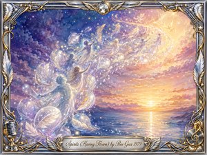 Ethereal spirits rise above a shimmering twilight sea, carried along a graceful S-curve of glowing feather bubbles and sparkling light. Lavender, blue, rose, and golden clouds create a serene, transcendent mood. Soft watercolor and gouache textures blend with luminous highlights, while an ornate chrome-and-gold musical frame adds elegant nostalgic detail.