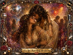 A romantic hippie couple embraces beneath glowing disco lights, surrounded by swirling amber, crimson, violet, and gold brushwork. A mirrored ball, guitars, microphones, roses, piano keys, records, and bright red lips decorate the ornate chrome-and-gold frame. Rich oil-paint textures, warm highlights, and smoky shadows create a sensual, nostalgic 1970s atmosphere.