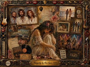 A sorrowful woman in a lace dress sits curled within a richly layered vintage collage of Bee Gees memories, framed portraits, roses, records, concert scenes, tickets, and instruments. Warm sepia, gold, cream, and muted red tones glow under soft nostalgic lighting, while ornate textures and antique detailing deepen the tragic, reflective mood.