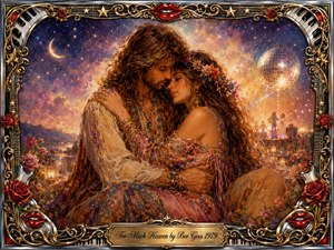 A romantic bohemian couple embraces beneath a glowing twilight sky filled with stars, a crescent moon, and shimmering disco light. Warm gold, rose, violet, and deep blue tones create a dreamy, tender mood. Rich painterly textures, flowers, lanterns, musical motifs, chrome details, and ornate framing enhance the nostalgic 1970s atmosphere.