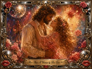 A romantic bohemian couple embraces beneath shimmering disco lights, surrounded by roses and dreamy stage haze. Warm gold, crimson, pink, and amber tones create a tender, nostalgic mood. Painterly oil, acrylic, and watercolor textures blend softly, framed by ornate chrome, gold filigree, microphones, vinyl records, mirror balls, and red-lip accents.