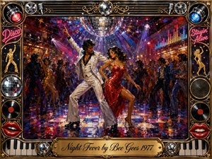 A glamorous couple dances beneath a mirrored disco ball in a crowded 1970s nightclub, surrounded by shimmering reflections, colored spotlights, and energetic figures. Rich reds, golds, blues, and purples create a sensual, electric mood. Expressive painterly textures, glossy floor reflections, and an ornate music-themed frame enhance the nostalgic atmosphere.