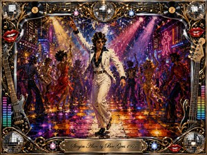 A confident dancer in a white suit strides across a glowing 1970s disco floor, surrounded by lively figures, neon city lights, and a mirrored ball. Rich gold, magenta, violet, red, and blue tones shimmer through expressive oil-like brushwork, while an ornate chrome-and-gold musical frame adds glamorous retro energy.