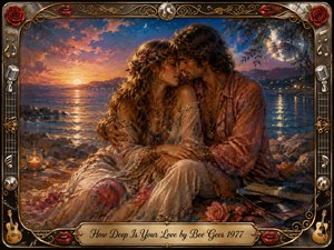 A romantic hippie couple embraces beside a shimmering seaside at sunset, surrounded by warm amber, rose, and deep blue tones. Soft painterly textures blend oil, acrylic, and watercolor effects, while disco balls, roses, records, microphones, guitars, gold filigree, and red lips form an ornate musical frame around the tender scene.