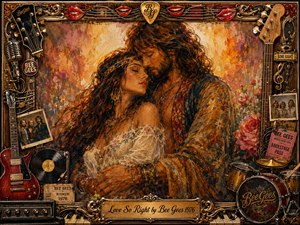A tender hippie couple embraces within an ornate music-themed frame, surrounded by guitars, records, microphones, drums, photographs, tickets, and roses. Warm amber, copper, crimson, and gold tones glow through textured painterly lighting. The nostalgic mixed-media style blends romantic intimacy with 1970s concert memorabilia and richly detailed decorative craftsmanship.