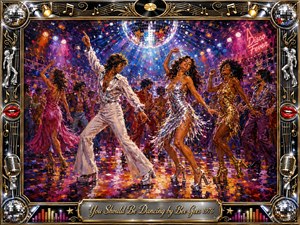 A dazzling 1970s disco scene bursts with dancers in shimmering white, silver, gold, and magenta beneath a brilliant mirror ball. Energetic brushwork, radiant spotlights, confetti, and crowded balconies create infectious celebration. An ornate black-and-gold musical frame, chrome microphones, vinyl records, red lips, and glowing equalizers complete the vibrant composition.