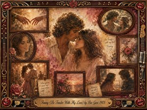 A tender 1970s couple leans close within a nostalgic collage of rosewood-framed memories, including dancing, reaching hands, flowers, and quiet shared moments. Warm amber, blush, cream, and muted burgundy tones glow beneath soft diffused light. Painterly oil, acrylic, and watercolor textures blend with ornate gold musical details, roses, vinyl accents, and vintage romance.