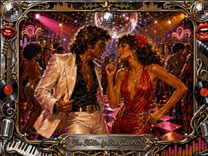 A glamorous couple flirt on a crowded 1970s disco floor beneath a sparkling mirror ball, surrounded by dancers, neon lights, and warm stage glow. Rich reds, golds, pinks, and chrome create an energetic, seductive mood. Painterly textures, dramatic highlights, musical motifs, and an ornate instrument-themed frame amplify the rhythmic nightlife atmosphere.