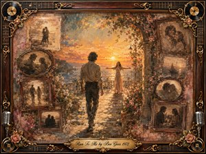 A romantic sunset scene shows a man walking toward a welcoming woman beside a flower-covered seaside terrace, surrounded by softly faded memories in vintage frames. Warm gold, rose, amber, and brown tones glow through textured painterly brushwork. Ornate musical details, roses, records, microphones, strings, and an engraved title plate frame the nostalgic composition.