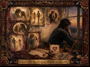 A sorrowful man sits beside a rain-streaked window, surrounded by ornate framed memories of lost love, handwritten music, roses, and a broken-heart note. Warm sepia, burgundy, and muted gold tones glow under soft evening light. Painterly textures, aged details, and musical frame ornaments create a deeply nostalgic, romantic atmosphere.