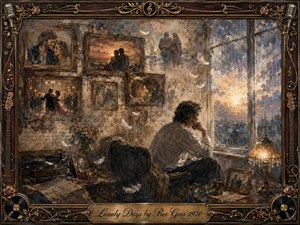 A solitary man sits beside a rain-streaked window, surrounded by faded framed memories of love, dancing, and companionship. Warm amber lamplight contrasts with cool blue-gray evening tones, creating wistful loneliness. Layered oil, acrylic, and watercolor textures soften the nostalgic collage, while roses, records, instruments, feathers, and ornate woodwork enrich the vintage frame.