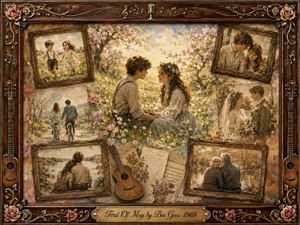 A nostalgic springtime collage traces a couples love from childhood to old age through softly faded rosewood-framed memories. Warm creams, sepia browns, blush pinks, and golden sunlight create tender intimacy. Painterly textures blend oil, acrylic, and watercolor, while roses, guitars, handwritten music, and an engraved title plate enrich the sentimental composition.
