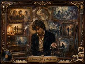 A solitary young man sits beneath a vintage microphone, surrounded by faded framed memories of laughter, companionship, romance, and loneliness. Warm amber, sepia, and muted blue tones create a bittersweet atmosphere. Rich painterly textures, soft theatrical lighting, roses, guitars, photographs, piano keys, and ornate gold detailing deepen the nostalgic, melancholy mood.