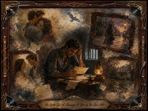 A sorrowful man sits at a lamplit desk, clutching a letter amid scattered pages and fading memories of love, home, and separation. Warm amber, sepia, smoky blue, and muted gray tones create a melancholic atmosphere. Painterly oil, acrylic, and watercolor textures blend within an ornate rosewood-and-gold musical frame.