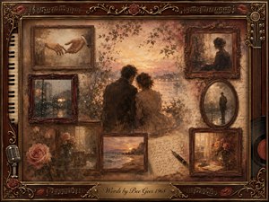 A nostalgic romantic collage centers on a couple seated beside glowing water at sunset, surrounded by faded framed memories of roses, rain, solitude, handwritten words, and quiet interiors. Warm sepia, amber, rose, and brown tones blend through painterly textures, while ornate rosewood, gold inlay, piano keys, strings, records, and a microphone frame the tender scene.