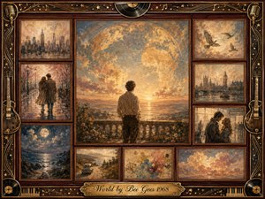 A solitary figure gazes toward a glowing horizon beneath a translucent world map, surrounded by nostalgic framed memories of cities, lovers, moonlit seas, birds, roads, and clouds. Warm gold, sepia, muted blue, and rose tones create a wistful atmosphere, while painterly textures and ornate musical framing evoke treasured memories and reflection.